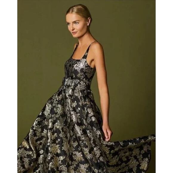 Antonio Melani Sleeveless Square Neck Jacquard A-Line Midi Dress Gold/Black - 10 - Picture 3 of 4